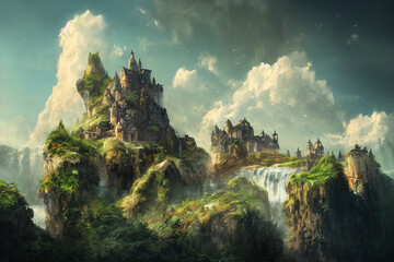 Beautiful castle illustration with clouds