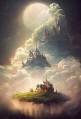 Beautiful castle illustration with clouds