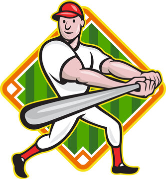 Baseball Player Batting Diamond Cartoon
