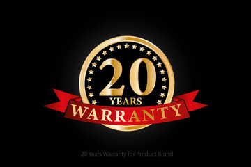 20 years golden warranty logo with ring and red ribbon isolated on black background, vector design for product warranty, guarantee, service, corporate, and your business.