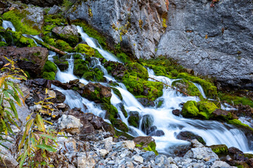 moss covered rocks with waterfall