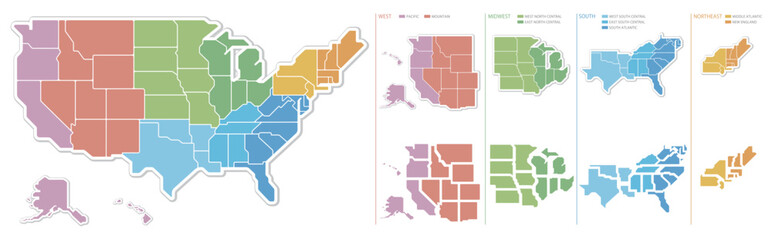 アメリカ合衆国の地図　4地域と9地区の色分け　パズルのような