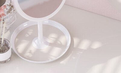 3D render top view close up white LED stand up makeup vanity mirror with tray on empty dressing table for beauty products display backdrop. Morning sunlight, Shadow, Pink, Glamour, Jewelry accessories