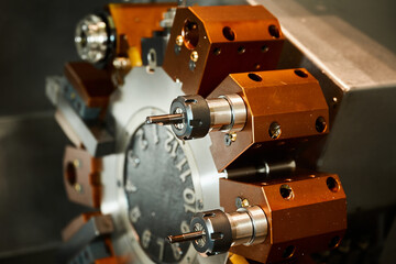 Capstan head with drill of lathe machine tool at factory