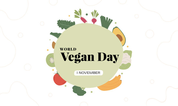 World Vegan Day. Round vegetables and fruits frame poster. Circle of healthy organic veggies with place for text. Banner template for dietary food concept. Vector flat illustration on white background