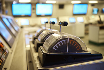 Control levers for the main marine engines. Control bridge of a modern ship.