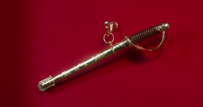 Small fake or toy rapier in a scabbard hangs on metal gilded hook on wall upholstered in red velvet, front view, close up. Home exhibition or storage of edged weapons