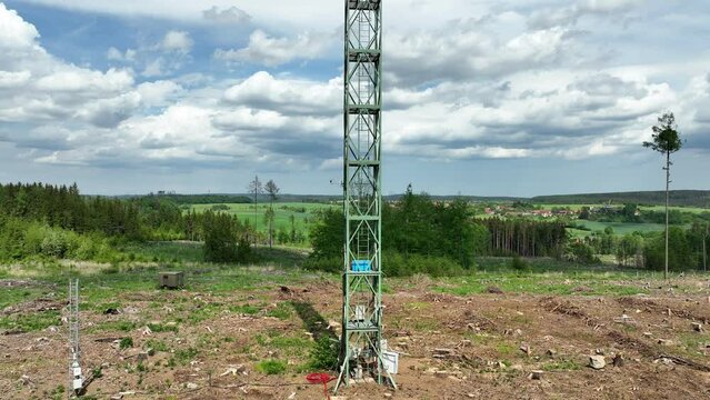Monitoring technology station science meteorology tower atmospheric research drone aerial weather, measuring ozone O3, carbon methane CH4, carbon dioxide CO2, nitrogen oxygen, bark beetle