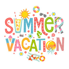 Decorative, illustrated lettering Summer Vacation. Colorful typography with decorative seasonal elements. For banners, cards, posters and social media.