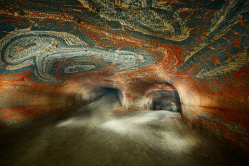 Outgoing tunnel of salt quarry with red patterns on walls