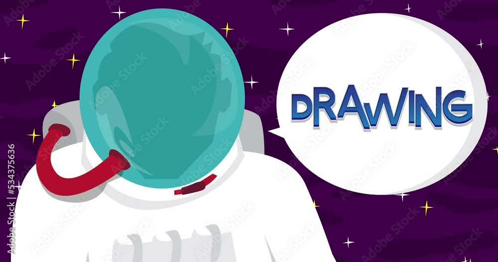 Poster astronaut saying drawing in space with speech bubble. abstract cartoon animation. 4k hd format resol