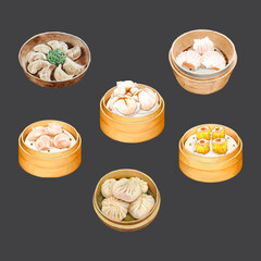 Bamboo steamer, traditional chinese dumplings Dim sum with sauce and green bamboo stems. Hand drawn watercolor illustration, isolated on white background