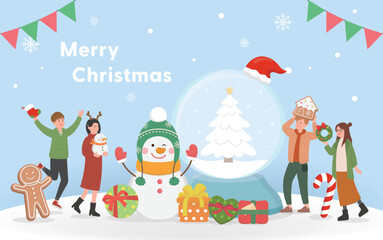 Happy man and woman celebrating christmas, christmas tree with snowball, christmas and happy new year, vector cartoon style, for greeting card invitation card christmas card