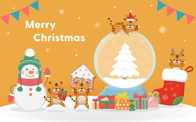 Orange christmas greeting card, cute tiger and snowman character mascot, snowball and gift box, merry christmas and new year, vector cartoon style