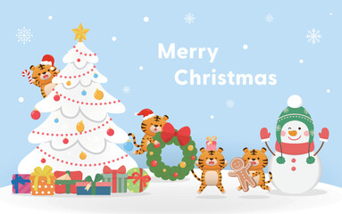 Christmas greeting card, cute tiger and snowman character mascot, white christmas tree with gift box, christmas and happy new year, vector cartoon style