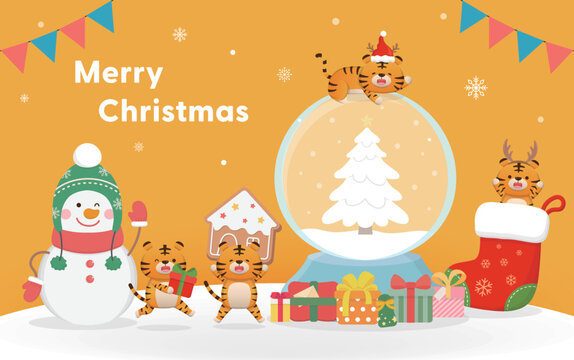 Orange Christmas Greeting Card, Cute Tiger And Snowman Character Mascot, Snowball And Gift Box, Merry Christmas And New Year, Vector Cartoon Style