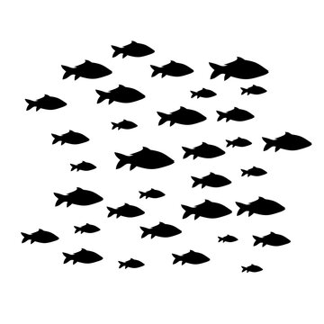 Silhouette of group of fish swimming together in deep sea. Isolated on a white background. Great for logo posters about marine life
