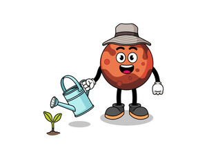 Illustration of mars planet cartoon watering the plant