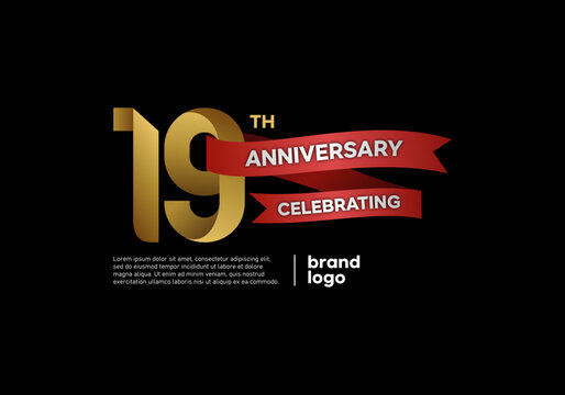 19 years anniversary logo with gold and red emblem on black background