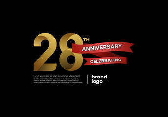 28 years anniversary logo with gold and red emblem on black background - obrazy, fototapety, plakaty