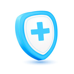 Obraz premium Medical mark shield blue. Isolated on white background. Icon 3d vector EPS10 illustration.