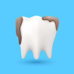 Tooth icon 3d there are stains brown with dark spots for children dental clinic design. Dental hygiene concept. Isolated on white background. Vector EPS10 illustration. 