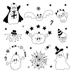 Vector set of cute doodle halloween design elements:pumpkin,ghost,cat,bat,spiderweb,skull.Kid illustration.Outline.Sketch.