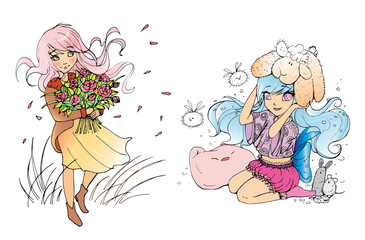 vector set with cute cartoon anime girls. sticker pack