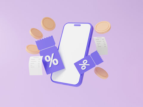 Mobile phone with discount coupons and bill coin floating on purple background, promotion sale percentage cashback, marketing profitable shopping online concept. Minimal cartoon. 3d render