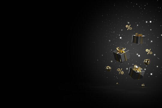 Luxury black background decorated with falling gifts and glitters for Black Friday. 3D rendering.