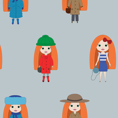 Vector girls pattern. Colorful toys  on blue   background