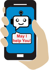 Mobile app chat bot - May i help you? Solution of problems on mobile phone at home,Digital marketing concept. illustration for flyers and posters. Modern business style.