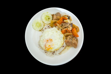 Top view of Braised Pork Over Rice and Fried egg, focus selective