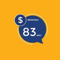 $83 USD Dollar Month sale promotion Banner. Special offer, 83 dollar month price tag, shop now button. Business or shopping promotion marketing concept
