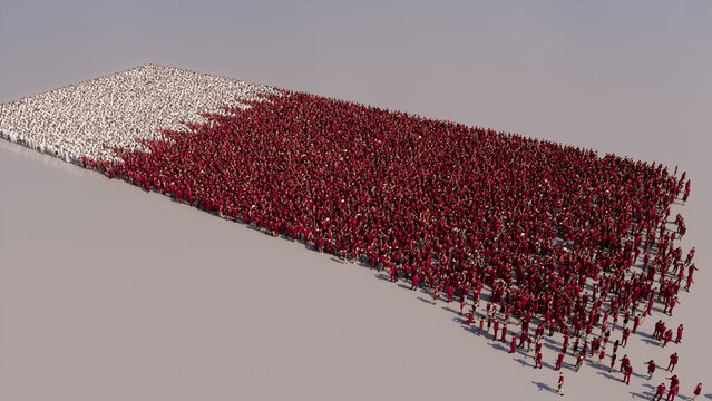 Aerial view of a Crowd of People, gathering to form the Flag of Qatar. Katari Banner on White Background.