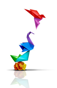 Reaching higher and success transformation or Transform and rise to succeed or improving concept and leadership in business through innovation or evolution with paper origami changed for the better. 