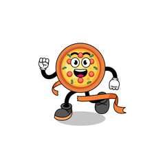 Mascot cartoon of pizza running on finish line