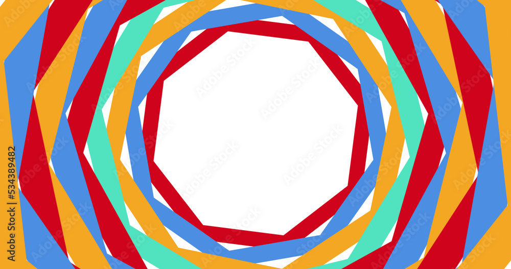 Poster image of overlapping concentric colourful octagons on white, with central copy space
