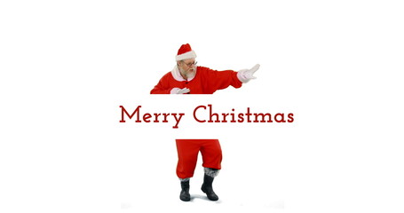 Composition of merry christmas text and santa claus on white background