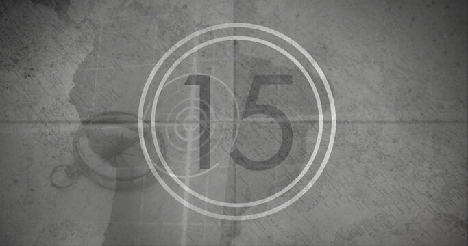 Image of number 15 in white circle over grey world map with circular scanner and compass - Powered by Adobe