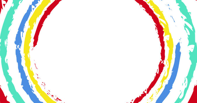 Image of concentric distressed green, blue, yellow and red rings on white, with central copy space