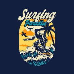 Vector illustration of Surfing Paradise, hand drawn line style with digital color