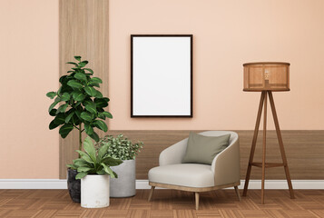 Naklejka na ściany i meble 3D illustration Mockup blank photo frame in living room rendering