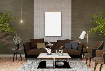 3D illustration Mockup blank photo frame in living room rendering