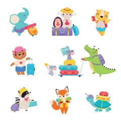 Stickers muraux Robot Cute Animals Traveler with Trunk and Backpack Having Journey on Vacation Vector Set