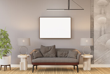 3D illustration Mockup blank photo frame in living room rendering