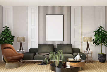 3D illustration Mockup blank photo frame in living room rendering