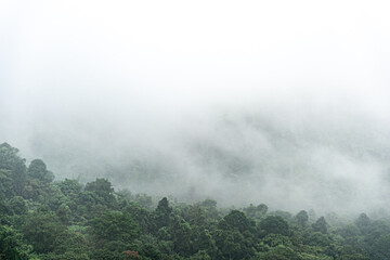 Mountain range with visible silhouettes through the morning colorful fog.