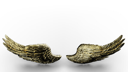 Gold wings under white lighting background. Concept 3D CG of free activity, decision without regret and strategic action. PNG file format.