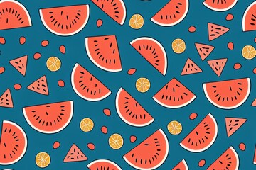 Summer seamless pattern with red watermelon slices on blue background. Cute and funny hand drawn fruits for textile or print on any surface